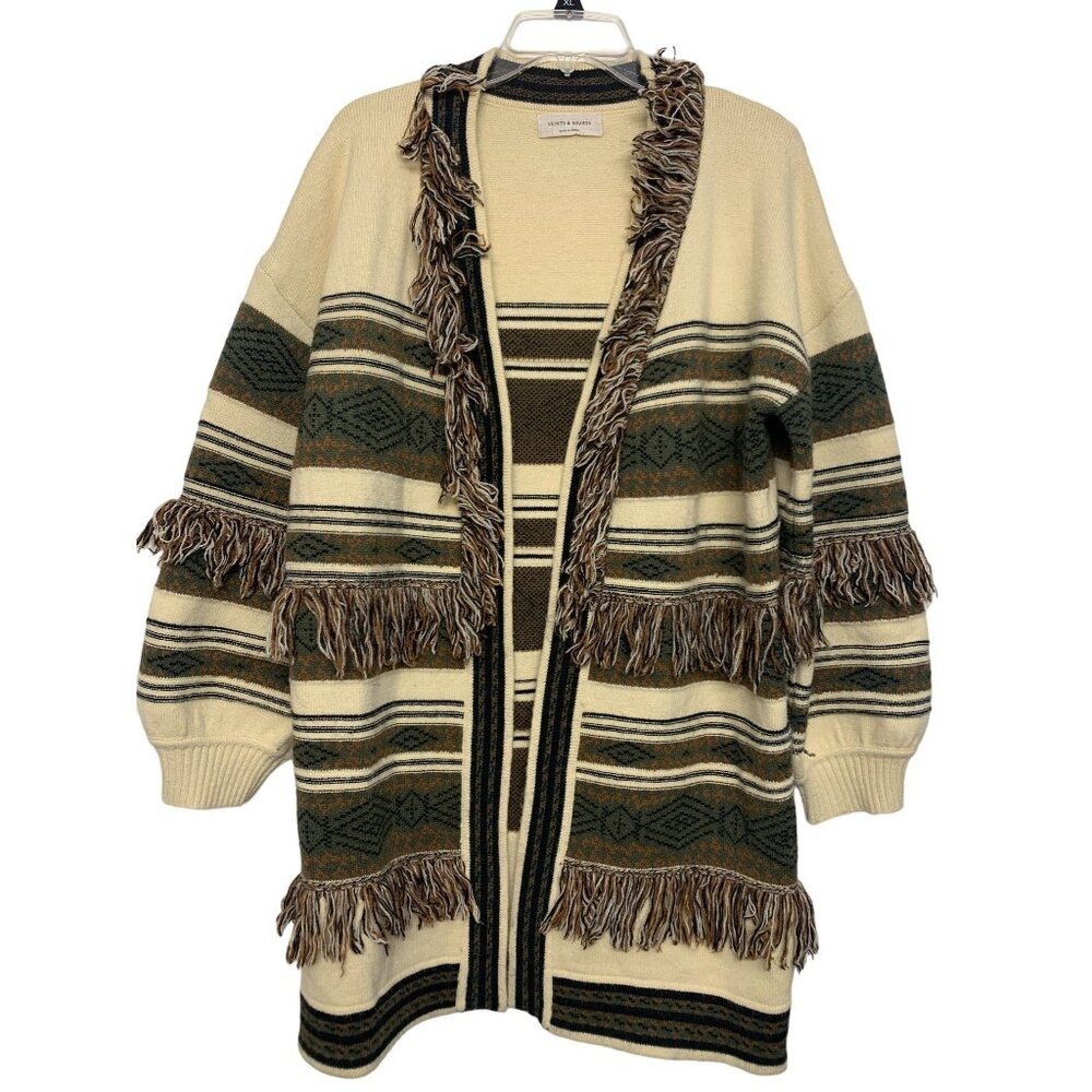 Saints & Hearts‎ Long Knit Boho Fringe Strip Western Cardigan  M/L Open Front